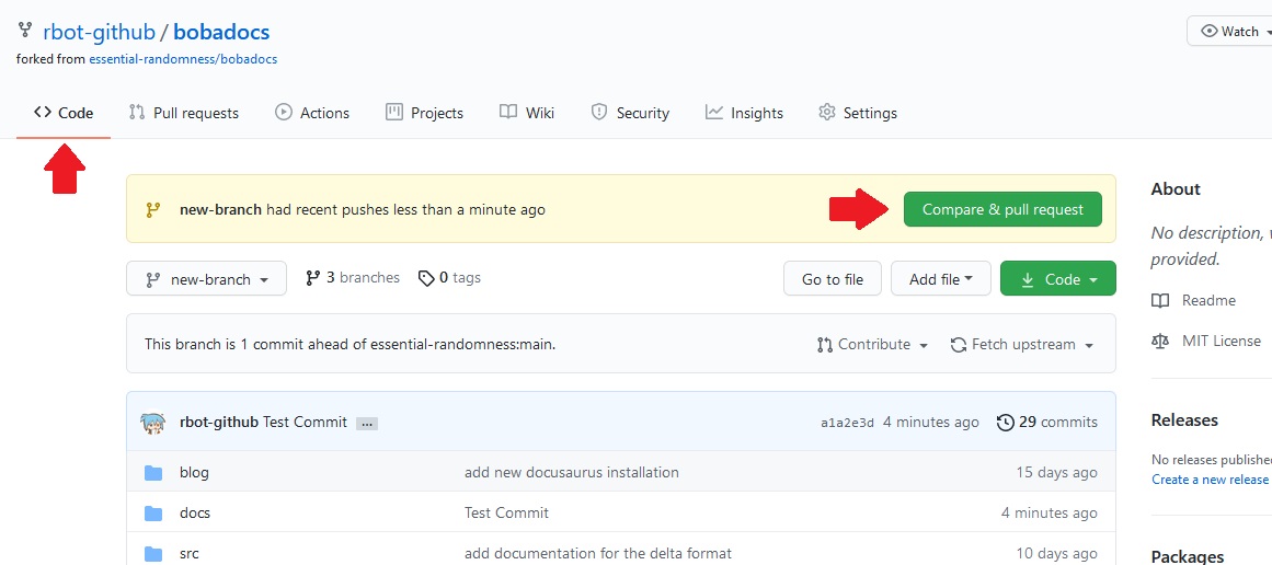 a screenshot of github&#39;s repo page, with a red arrow pointing to the pull request button