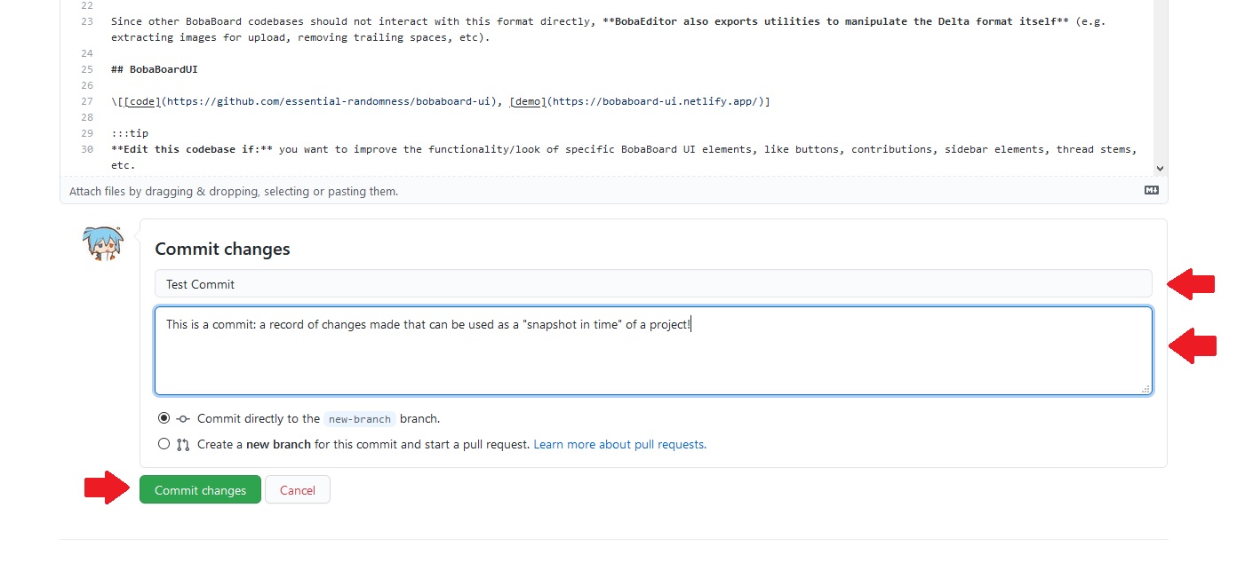 a screenshot of github&#39;s commit form. red arrows are pointing at the input textboxes and submit button