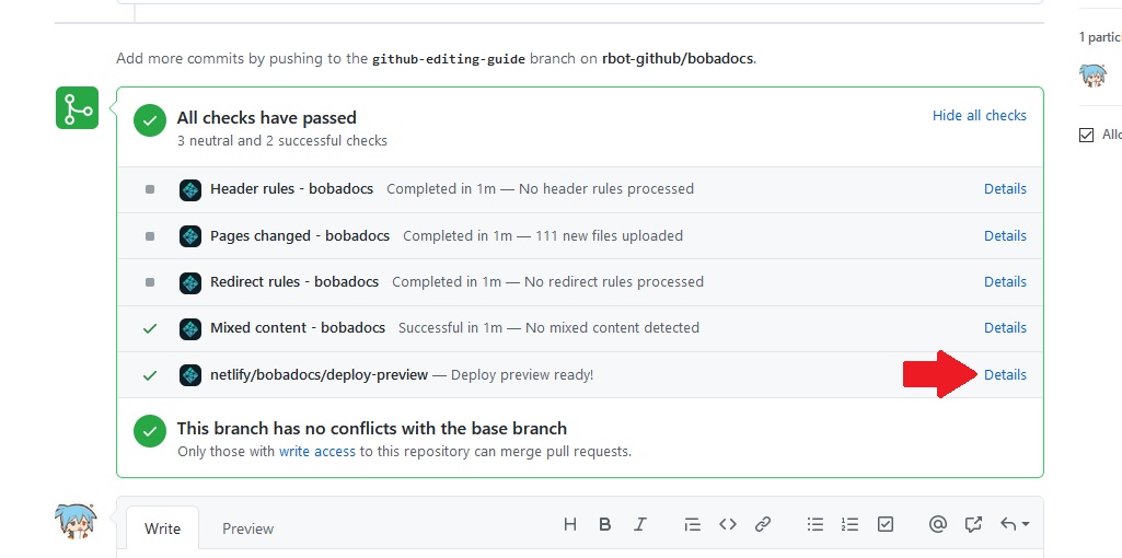 screenshot of the pull request, with an arrow pointing to the details link of &quot;Deploy preview ready!&quot;