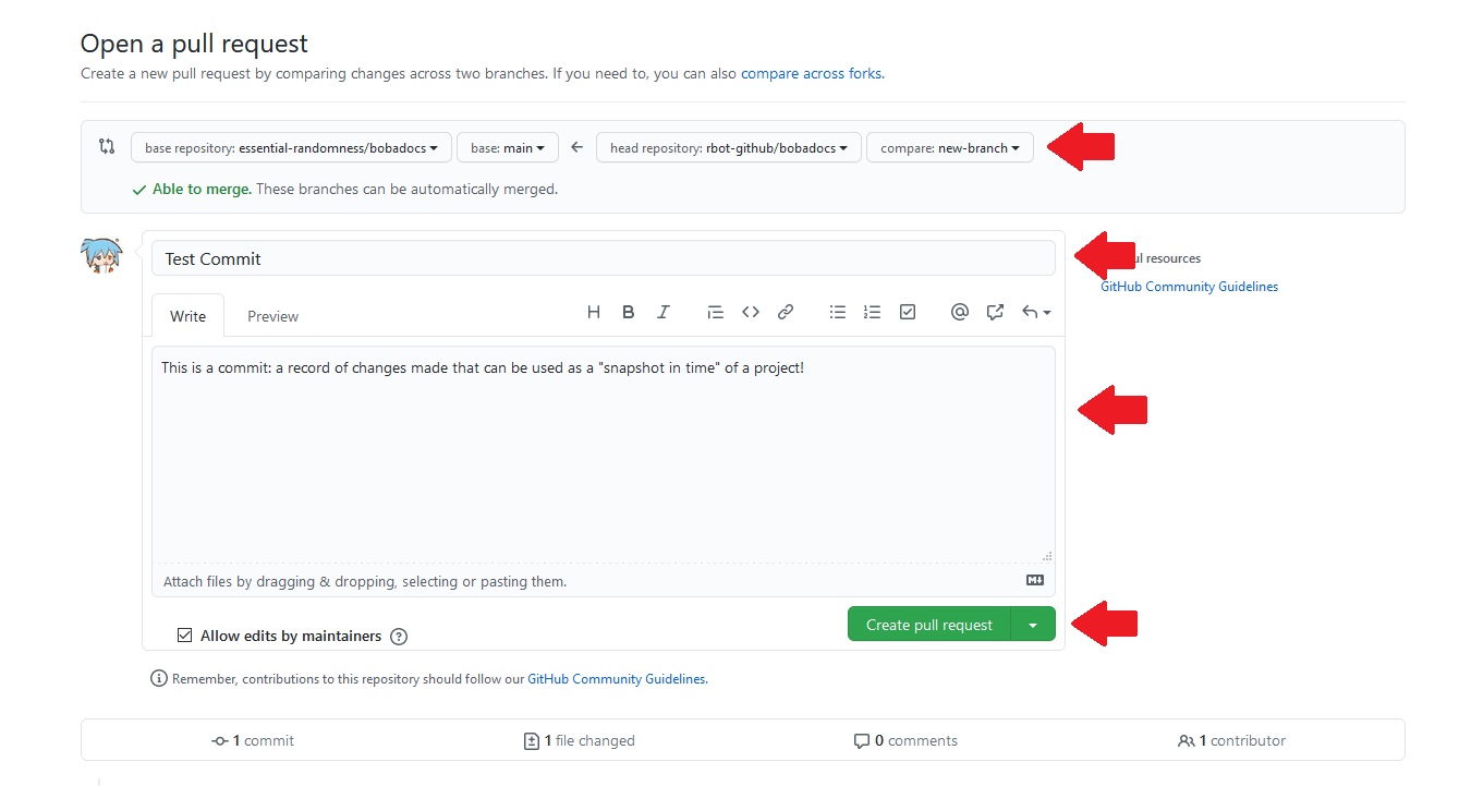 github&#39;s pull request page. red arrows are pointing to the branch selection, details textboxes, and submit button
